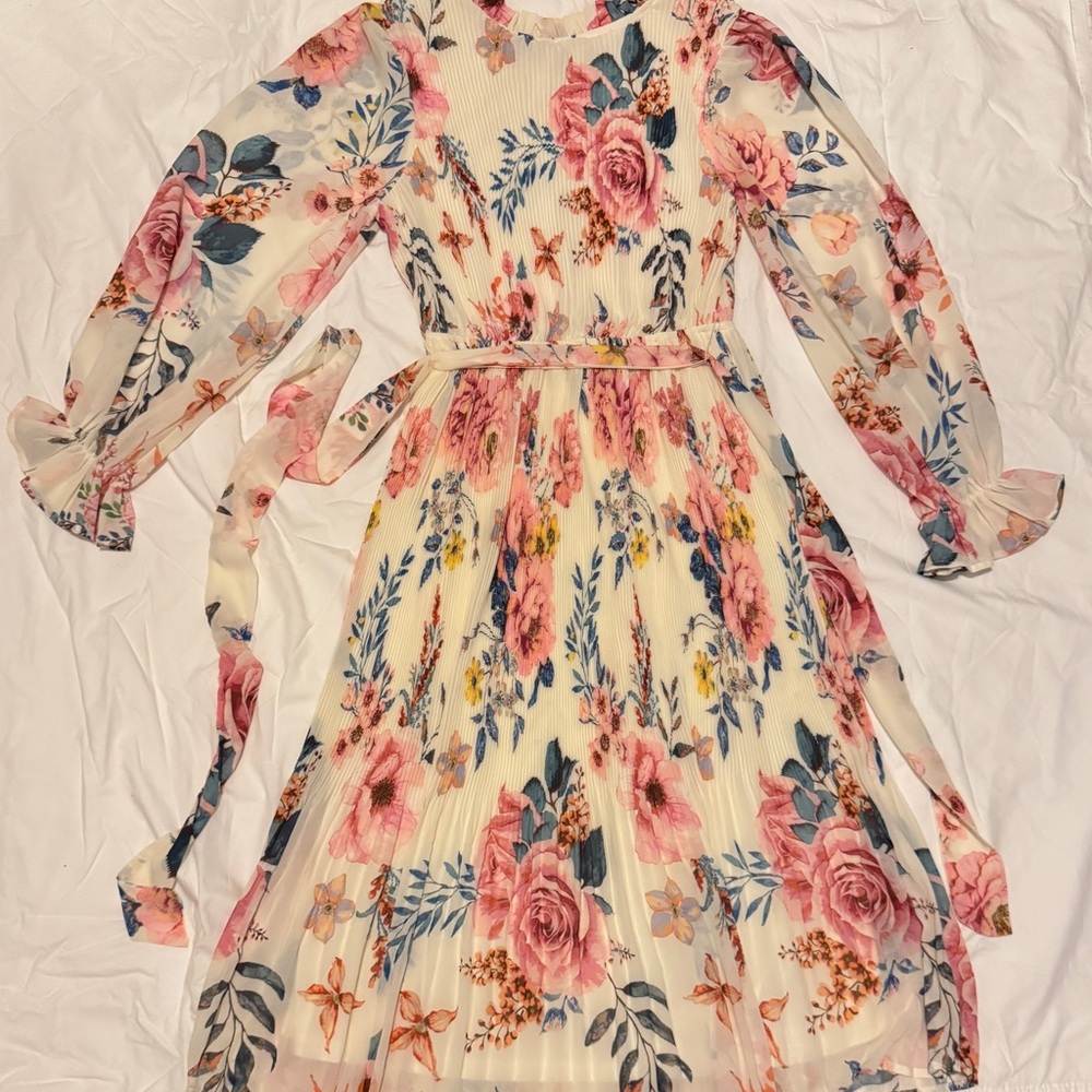 Flying Tomato Floral Chiffon Midi Dress in Cream, Pink and Blue